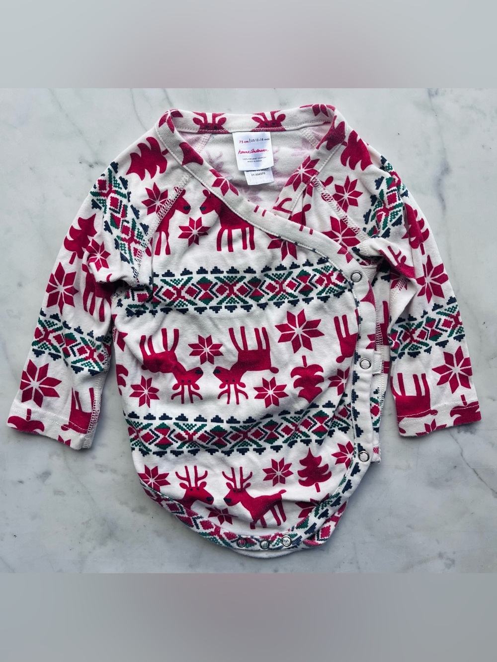 Hanna Andersson Organic Cotton Festive Side Snap Bodysuit Dear Deer 12-18M